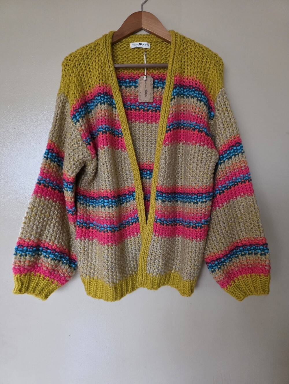 Natural Life Chunky Knit Open Cardigan Sweater L/XL Oversized Boho Colorful NWT